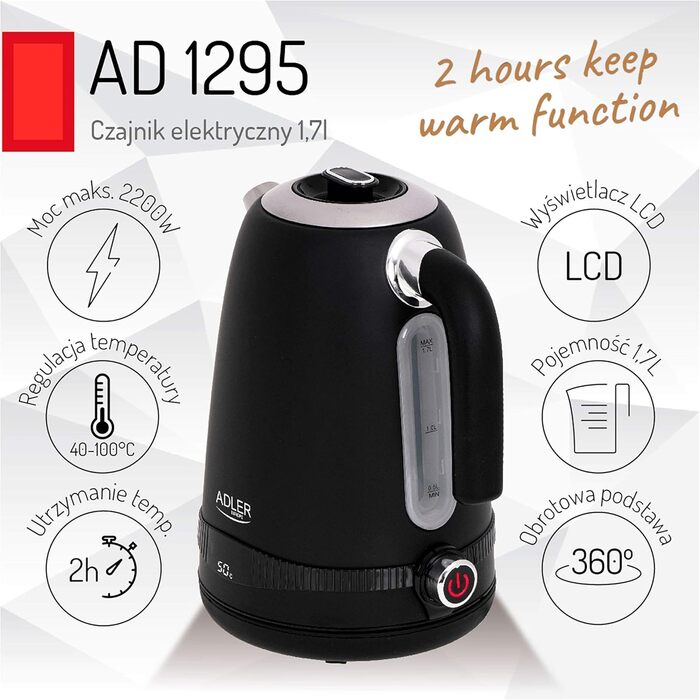 Електрочайник Adler AD 1295b, 1,7 л, нержавійка, LCD-дисплей, терморегулятор, чорний