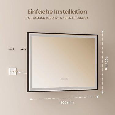Дзеркало для ванної кімнати EMKE з підсвіткою 70x50 см, чорне, сенсорне, регульоване, з протитуманним покриттям, годинником, функцією пам'яті та нейтральним світлом 4300K, енергозберігаюче, IP44