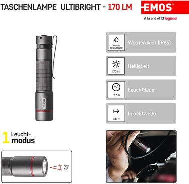 Ліхтарик EMOS Ultibright 60, CREE LED, металевий, ударостійкий і водонепроникний IP65, 170 лм, до 100 м, з кліпсою та ручкою, чорний, для дому та вулиці