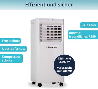 Мобільний кондиціонер Könighaus 7000 BTU для кімнат до 20 м²: 4-в-1 (охолодження, осушення, вентилятор, очищення повітря) з пультом та керуванням через додаток, енергоефективний (A)