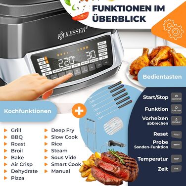 Мультиварка KESSER® 8л з фритюрницею, 16 програм, срібна: приготування на грилі, випікання, тушкування, приготування на пару, підтримка тепла, рисоварка, функція йогурту