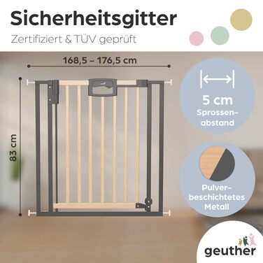 Захисний бар'єр на двері Geuther Easylock Plus для сходинок, дерев'яно-металевий, двосторонній, без свердління, 168.5-176.5 см, натуральний/антрацит