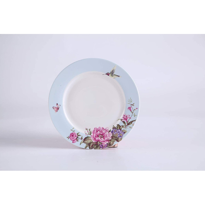 Чашка та блюдце з порцеляни Shabby Chic 19,1 см, десертна тарілка, синя, з пташкою, метеликом і квітами у подарунковій коробці, вінтажний стиль