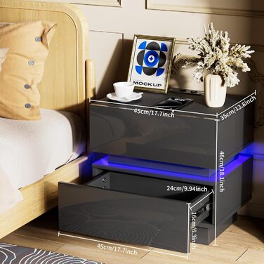 Нічний столик з розеткою та LED, нічник з функцією зарядки та USB, тумбочка з 2 шухлядами (45x35x46 см), чорний, набір 2 шт.