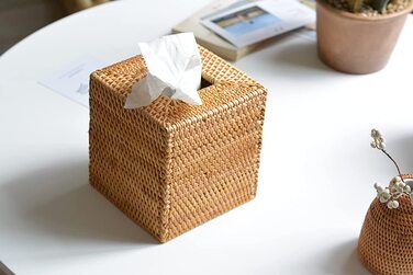 Коробка для косметичних серветок з ротангу, натуральна, квадратна, 14x14x15 см – для дому, офісу, авто