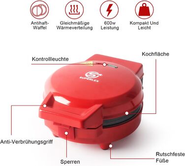 SUPERFLEX 3-в-1 вафельниця кругла, мультифункціональна снек-машина з 3 змінними антипригарними пластинами для вафель, пончиків, омлету, 600 Вт