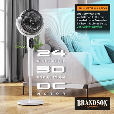 Вентилятор підлоговий Brandson 3D з ЕКО DC мотором, 24 швидкості, пульт, білий – енергозбереження 60%