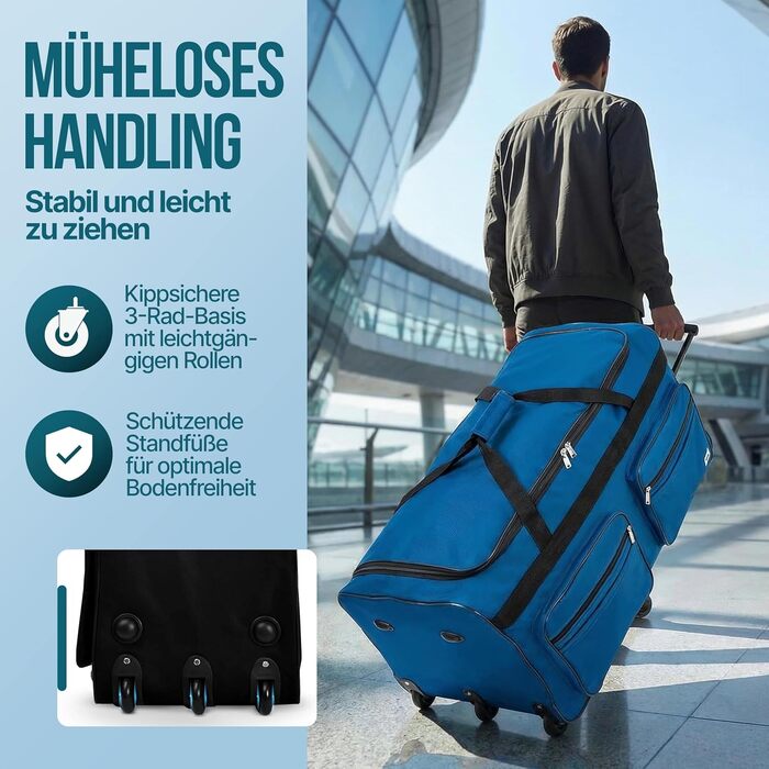 Дорожня сумка на колесах MONZANA XL 85л, сумка-тролей з телескопічною ручкою та підставками, м'який дорожній багаж (Темно-синій, 70x36x34см)