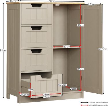 Шафа для ванної Bath Vida Priano з 4 ящиками і дверцятами, сірий, 81х60х30 см, деревостружкова плита