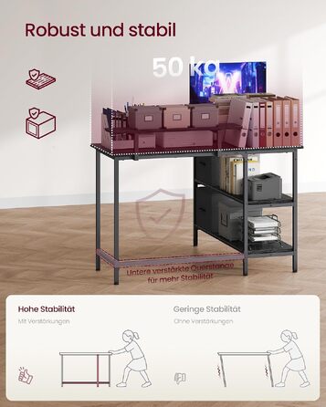 Кутовий письмовий стіл VASAGLE L-подібний для офісу та дому, з 2 шухлядами, підставкою для монітора та регульованою полицею, чорний ебенового дерева (115 x 105 см), LWD097W01
