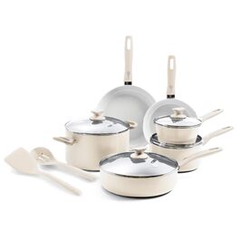 Набір посуду GreenPan Dover Healthy Ceramic 12 предметів, кремово-білий, антипригарне керамічне покриття, без PFAS, для посудомийної машини, зручна ручка