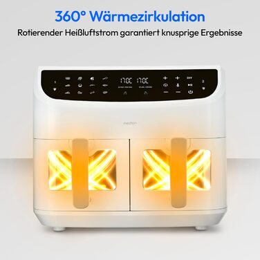 MEDION P20 XXL аерофритюрниця з двома камерами, 8,7 л, 2600 Вт, подвійна камера, 9 автоматичних програм, 2 шухляди, оглядове вікно, функція Dual Cook і Sync-Finish, біла