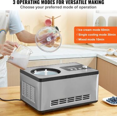 Електрична машина для приготування морозива VEVOR 2L, 180W - Морозиво, сорбет, йогурт, Gelato. Срібна, горизонтальна