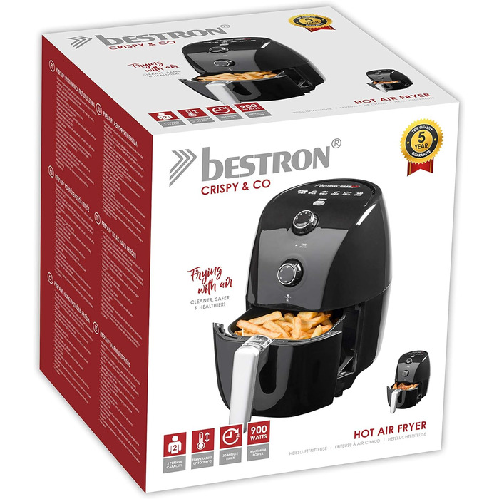 Фритюрниця Bestron AAF300 з гарячим повітрям, 1,5 л, 900 Вт, автоматичне вимкнення, технологія PrepAir, чорна