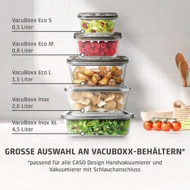 Акумуляторний вакууматор CASO Vacu OneTouch Eco-Set з 3 скляними контейнерами, 10 ZIP-пакетами та стікерами Food Manager, чорний