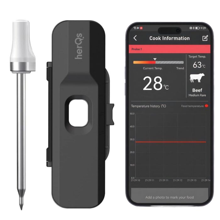 HerQs Pin Probe – бездротовий Bluetooth термометр для м'яса до 500°C, для гриля, духовки, сковороди, аерофритюрниці та Sous-Vide