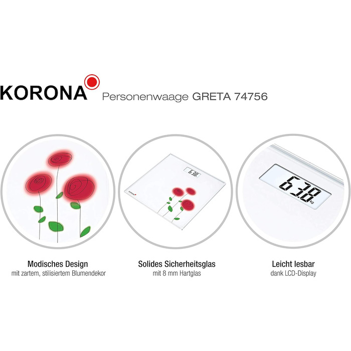 Цифрові ваги для зважування людей Korona Greta 74756, електронні, скляні, з малюнком, компактні, білі