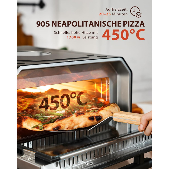 Електрична піч для піци з вікном та підсвіткою, до 450°C, чорна