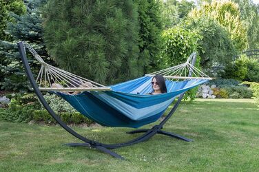 Гамак Potenza Outdoor з підставкою для 2 осіб XXL (220x160 см), витримує до 200 кг, стійкий до погодних умов (синій, чорна рама)