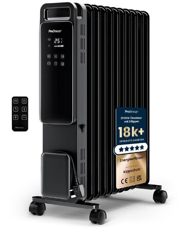 Електричний масляний радіатор Pro Breeze 2500Вт, 11 секцій, смарт-обігрів з термостатом, таймером на 24г та сенсорним дисплеєм, чорний