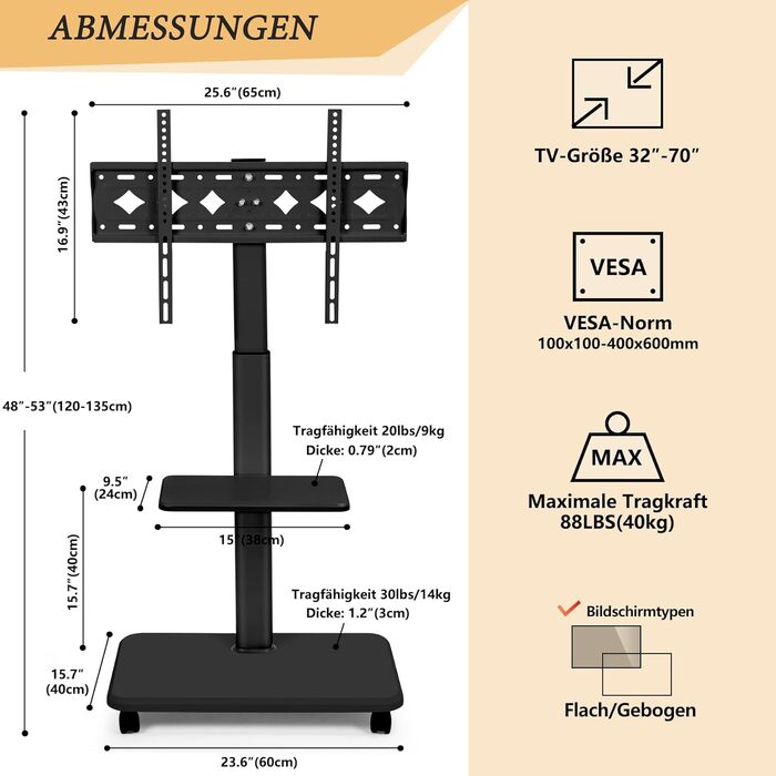 Мобільний телевізійний тумба Hellsehen для LED/LCD/OLED TV 32-70 дюймів (до 45.4 кг), чорна, з регулюванням висоти та фіксаторами коліс