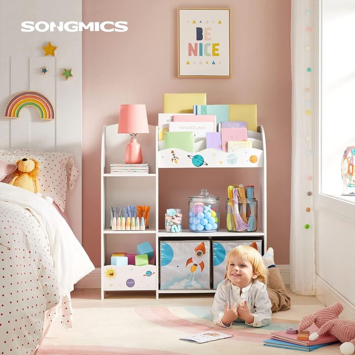 Дитяча полиця для іграшок і книг SONGMICS, біла, з 2 тканинними шухлядами, планетний дизайн, для ігрової, дитячої кімнати чи вітальні, універсальна