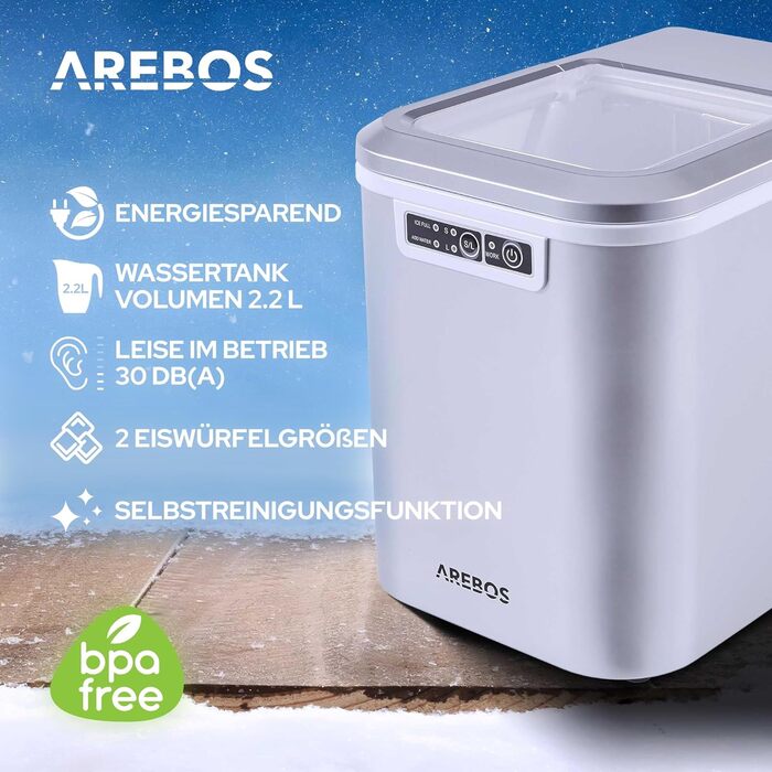 Льодогенератор Arebos, 12 кг/24 год, 2 розміри кубиків, 2,2 л, автоматичне очищення, тиха робота, сріблястий