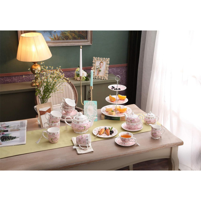 Чашка та блюдце з порцеляни Shabby Chic Vintage з птахом, метеликом і квітами у подарунковій коробці (рожевий колір)
