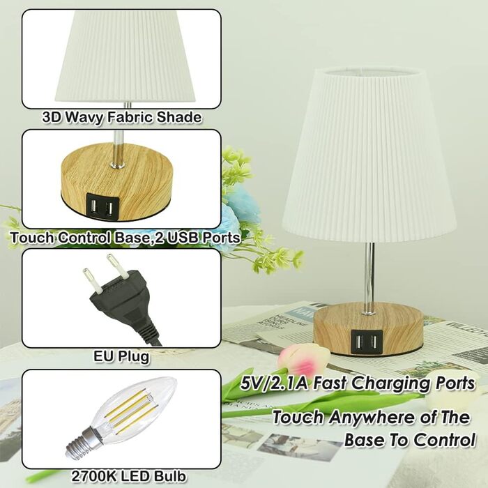 Настільна лампа HSLighting з димером, сенсорна, USB A+C зарядка, розетки, 2 LED-лампи, лляний абажур, для спальні, вітальні, офісу