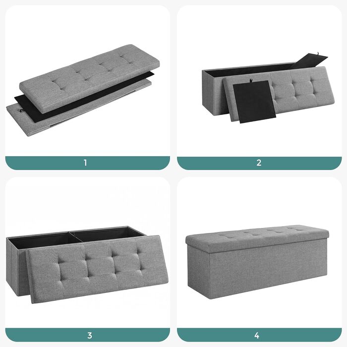 Складаний пуф SONGMICS з відсіком для зберігання, 110×38×38 см, до 300 кг, для вітальні, спальні, коридору, сірий