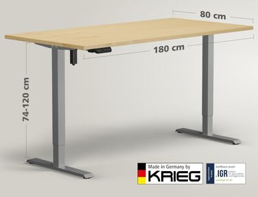 Електричний стіл KRIEG HighDesk SMART 180x80 см сріблястий/клен - регульований по висоті стіл для сидіння та стояння