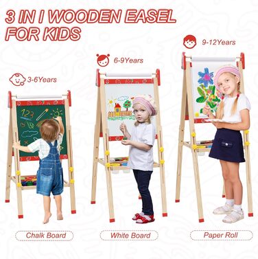Дитяча мольберт Kinder Staffelei 3 в 1: регульована висота, подвійний бік, з рулоном паперу, 100+ аксесуарів для малювання, для дітей 3-8 років (червоний)