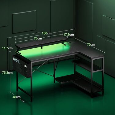 Ігровий стіл Coleshome L-подібний з полицями, LED-підсвіткою та розеткою, кухонний стіл для геймерів з органайзером, реверсивний, чорний, 100×70 см