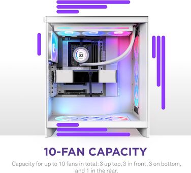 Корпус NZXT H7 Flow RGB білого кольору, Mid-Tower ATX з ефективною вентиляцією, комплектується RGB-вентиляторами, підтримка підлогових вентиляторів для прямого охолодження GPU, сумісний з 360 мм вентиляторами у єдиній рамі