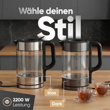 Скляний електрочайник ProfiCook PC WKS 1322, 1.7 л, 2200 Вт, підсвітка, корпус із нержавіючої сталі Dark-inox