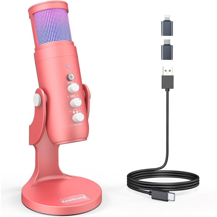 USB-мікрофон Zealsound K66 для смартфона, ПК, ігрових консолей, конденсаторний, з адаптером, ефектом ехo та функцією вимкнення звуку, для запису, стрімінгу, подкастів, ASMR, Plug & Play, синій
