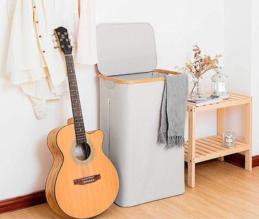 Великий кошик для білизни Lonbet з кришкою, 100 л, з ручками, з бамбука, світло-сірий