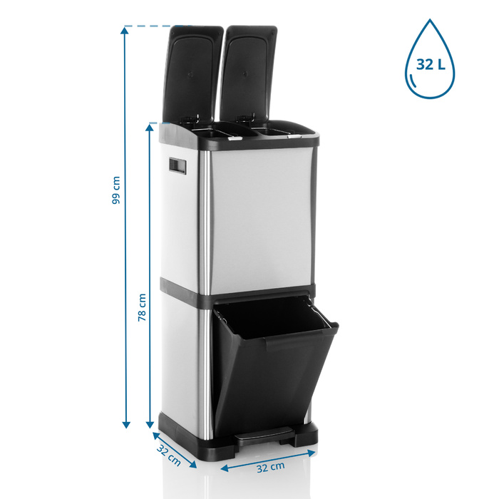 Система сортування сміття CLEAN VII 32Л (2x8Л+16Л), сталь, сріблястий, hjh OFFICE