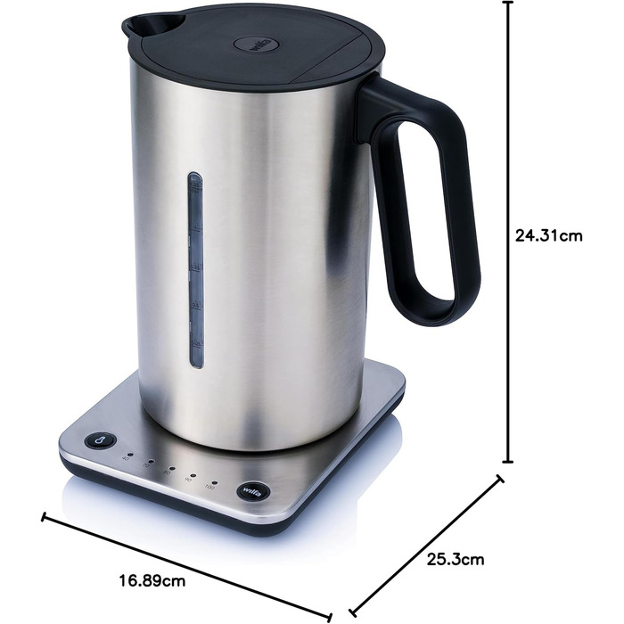 Електрочайник Wilfa Svart Format 1,25 л, 2200 Вт, регулювання температури 40-100°C, функція підтримки тепла, подвійні стінки, сріблястий