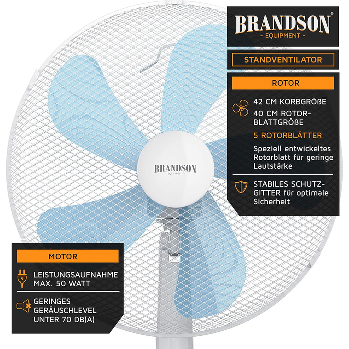 Вентилятор підлоговий Brandson 50 Вт, 40 см, білий: регульована висота, нахил 30°, 3 швидкості, коливання 80°