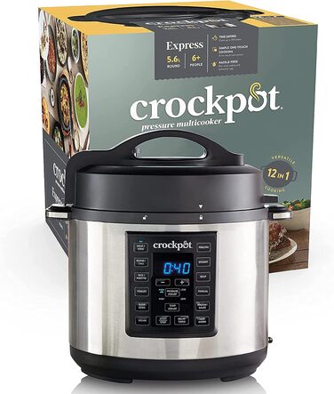 Мультиварка Crockpot Express 12-в-1, програмована, 5,6 л, з функціями повільного приготування, пароварки та смаження, для 6–7 осіб, нержавіюча сталь
