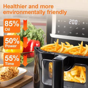 Аерофритюрниця Air Fryer з вікном, міні-духовка з двома зонами приготування, сенсорне керування, 15 програм та функція Sync Finish