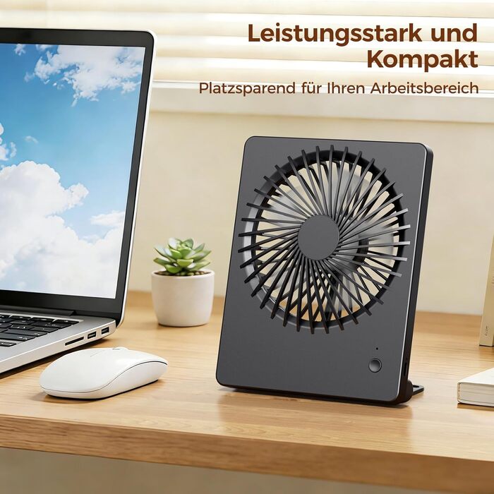 Портативний USB вентилятор TriPole з акумулятором 2000mAh, 3 швидкості, тихий (30дБ), регульований кут 180°, для офісу, подорожей - Чорний
