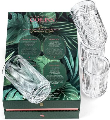 Набір склянок GLASSIQUE CADEAU Vintage Flamingo для коктейлів, 340 мл, 4 шт – кришталеві лонгдрінк та хайбол для Мохіто, Кайпірінья, тропічних і тіки коктейлів