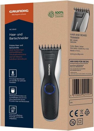 Машинка для стрижки волосся і бороди GRUNDIG MC6840, акумуляторна/мережева, LED, чорна/срібляста, довжина зрізу до 30 мм