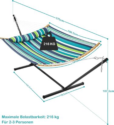 Гамак Yaheetech з підставкою та подушками, подвійний XXL до 216 кг, регульована висота для 2-3 осіб, зелений смугастий, для вулиці та дому