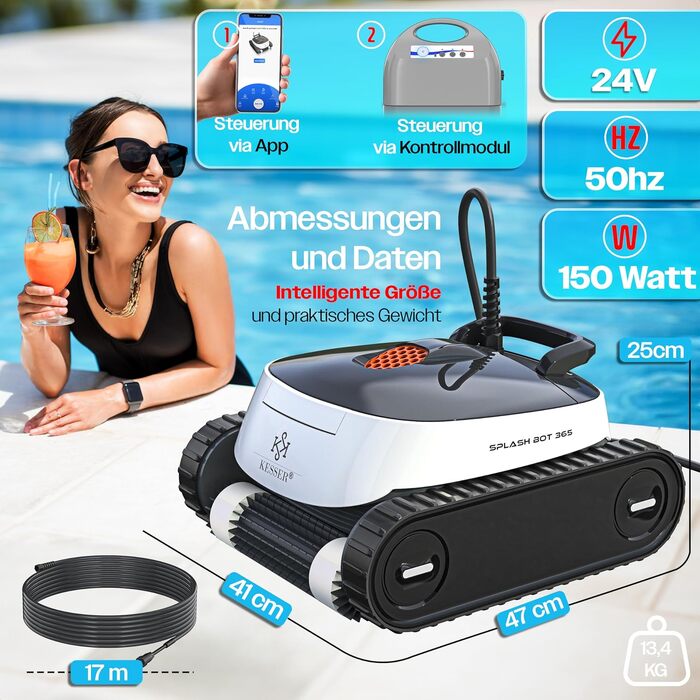 Робот-пилосос для басейну KESSER® для дна та стін до 100 м², очищення водолінії, автоматичний з керуванням через додаток та контрольний модуль, для вбудованих басейнів з механізмом підйому, антрацит