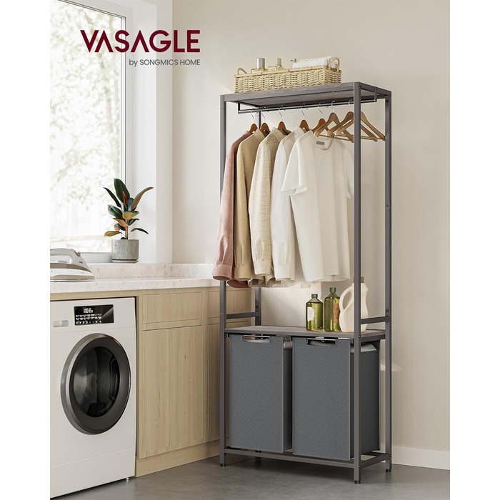 VASAGLE кошик для білизни з вішаком, 2 секції, 73x33x177 см, знімні та висувні мішки 2x46 л, грейж-сірий