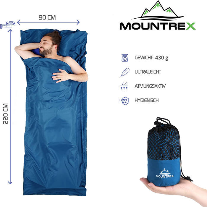 Літній спальний мішок-вкладиш MOUNTREX з блискавкою, 220x90 см, для туризму та дому, компактний і м'який, синій