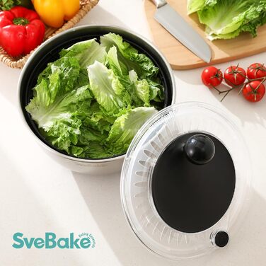 Салатниця-центрифуга 5L з нержавіючої сталі, чорна, з кнопкою стоп, BPA-Free, з прозорою кришкою та дренажним отвором, з протиковзким дном, придатна для миття в посудомийній машині
